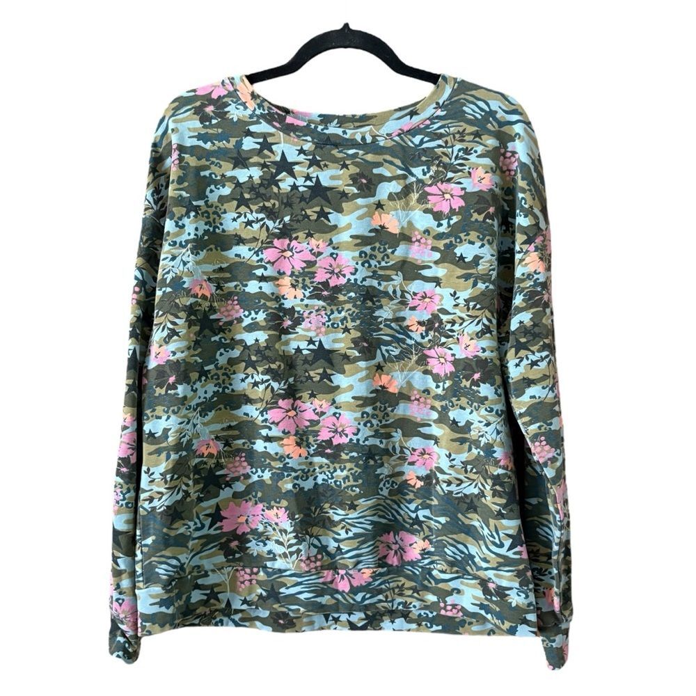 Billy T Floral Camo Long Ruffle Sleeve Crewneck Size Small Camoflage
